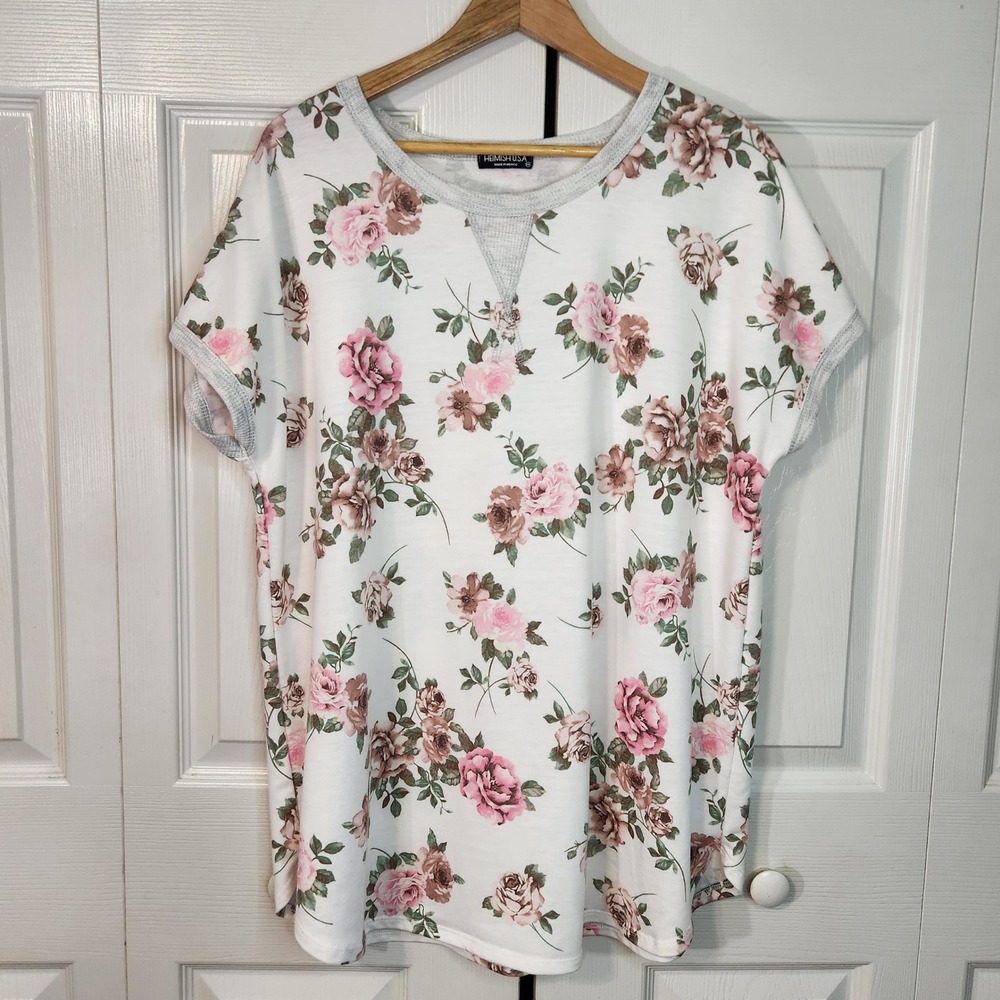 Vintage Heimish USA Womens 1X Floral Rose Print Short Sleeve Top Waffle Trim